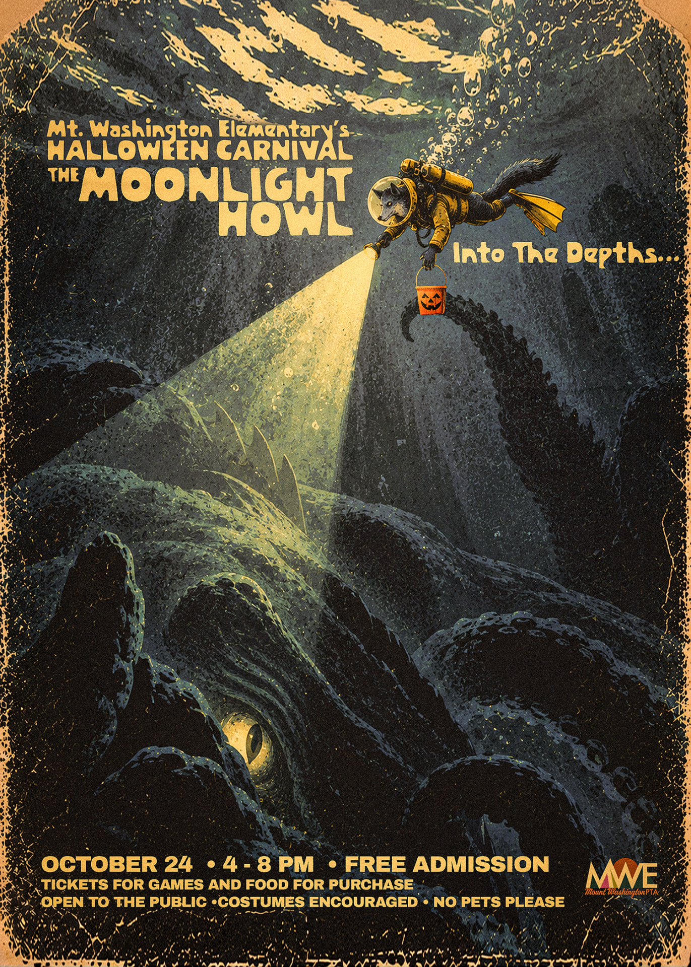 Event flyer: a scuba-diving wolf holding a flashlight and a jack-o'-lantern bucket swims through dark teal water toward kraken tentacles, beneath a moonlit surface. The Moonlight Howl — Into The Depths.